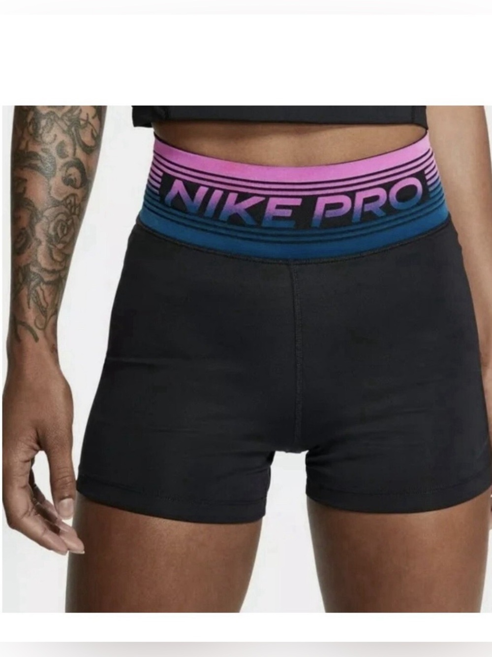 Nike Pro Black Bike Shorts with Pink and Blue Gradient Waistband